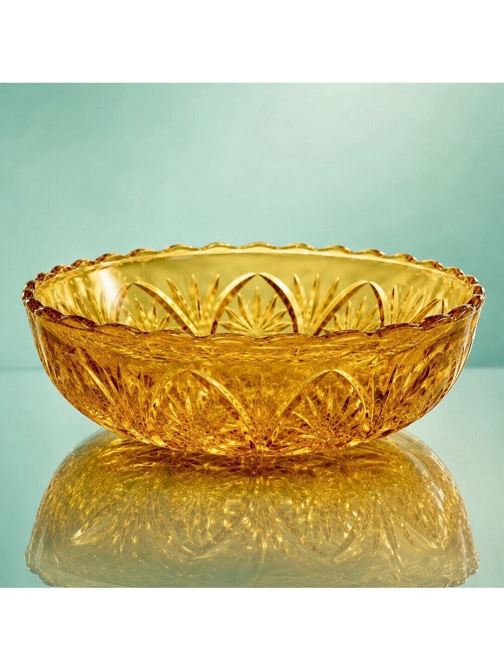 Anchor Hocking 1960s Medallion Bowl Honey Amber Pressed Glass, 8x3”